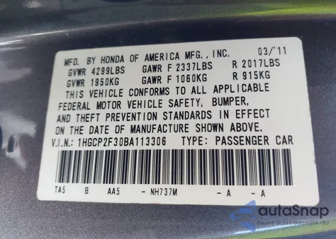 2011 Honda Accord 2.4 Lx из США, поврежденный, VIN 1HGCP2F30BA113306